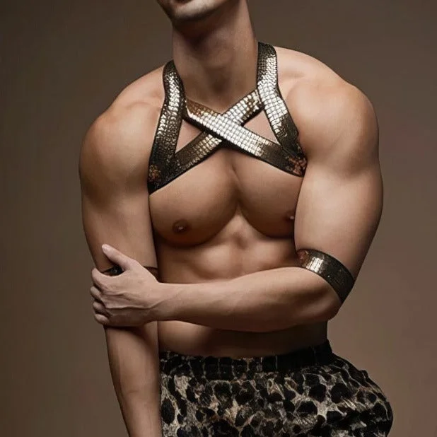CLEVER-MENMODE Men's Shiny Gold Chest Harness