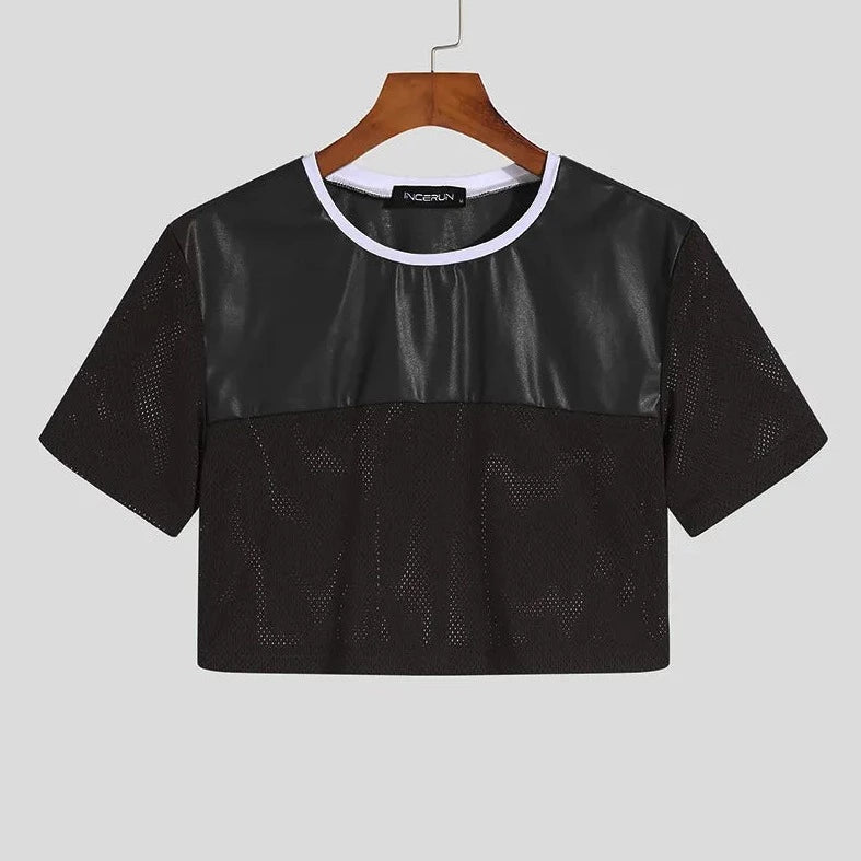 Gay Fashion PU Leather Mesh Crop Tops