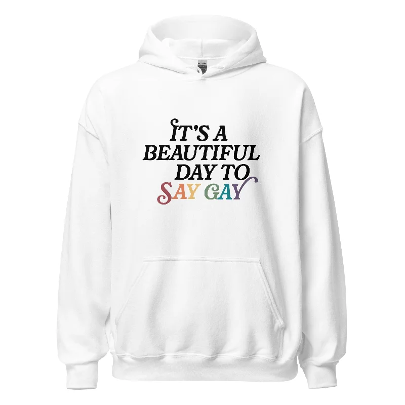 Hoodies with colorful pride flag hearts--It's A Beautiful Day To Say Gay Unisex Hoodie Hoodies with colorful pride flag hearts--It's A Beautiful Day To Say Gay Unisex Hoodie