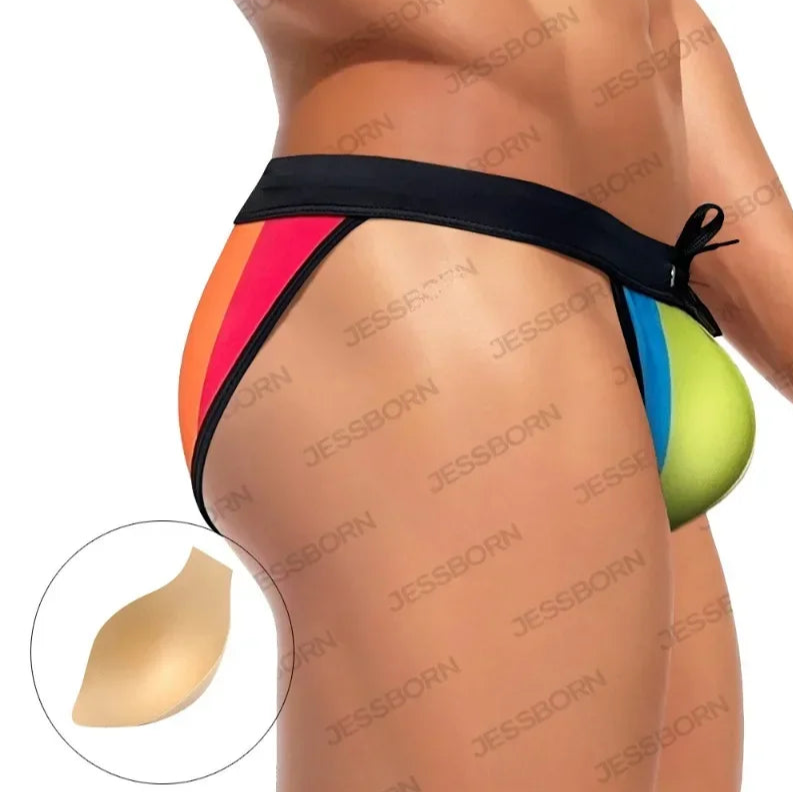 Men’s Pride Rainbow Stripes Swim Briefs with Pad