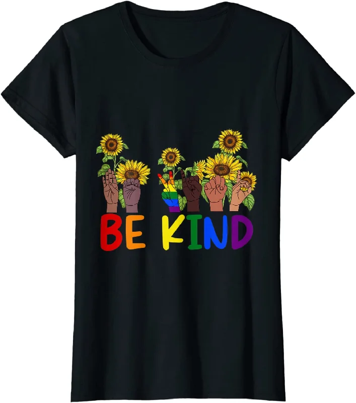 Lesbian Sunflower Shirt, Be Kind Hand Sign T Shirt For LGBTQ Pride Gay Les