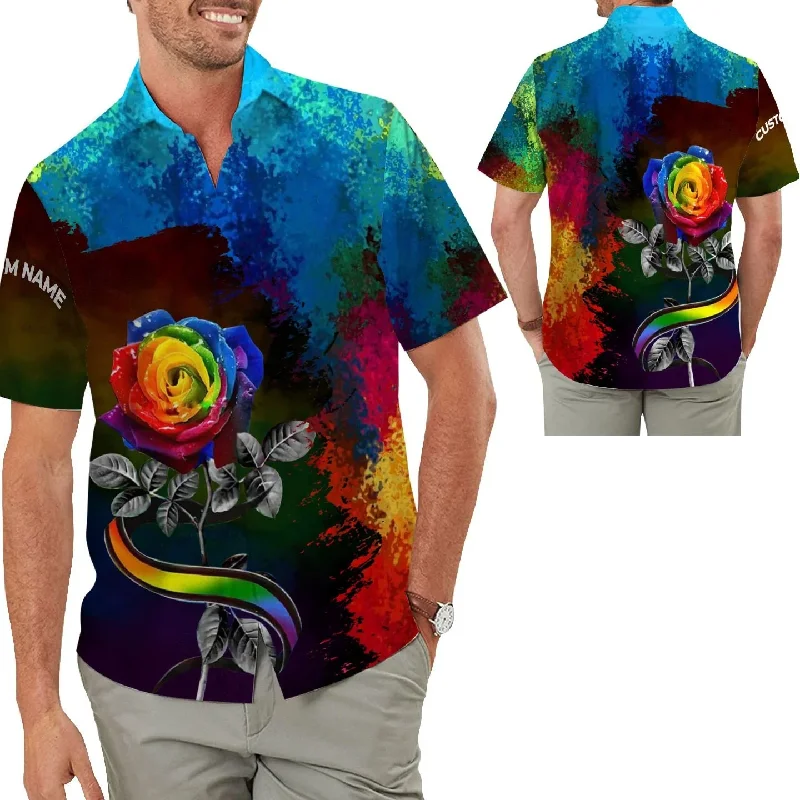Graphic pride t-shirts with bold queer empowerment quotes--Custom Name Hawaiian Aloha For LGBT Gay Lesbian Pride, Rainbow Rose Flower Graphic pride t-shirts with bold queer empowerment quotes--Custom Name Hawaiian Aloha For LGBT Gay Lesbian Pride, Rainbow Rose Flower