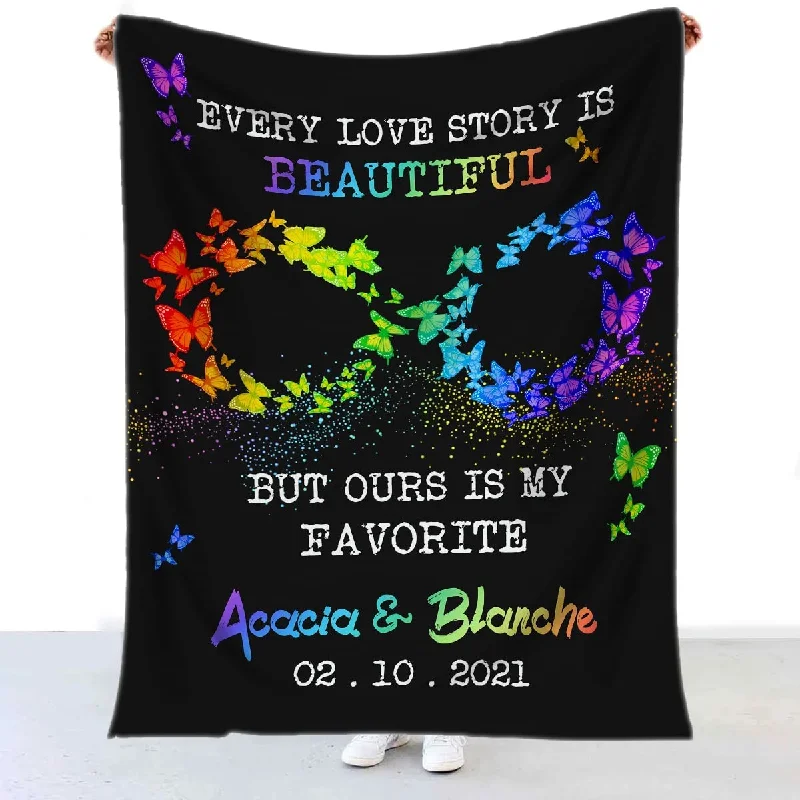 Personalized Rainbow Buttefly Gay Pride Blanket With Couple'S Names And Date, Lesbian Gay Trans Bisexual Blanket Personalized Rainbow Buttefly Gay Pride Blanket With Couple'S Names And Date, Lesbian Gay Trans Bisexual Blanket