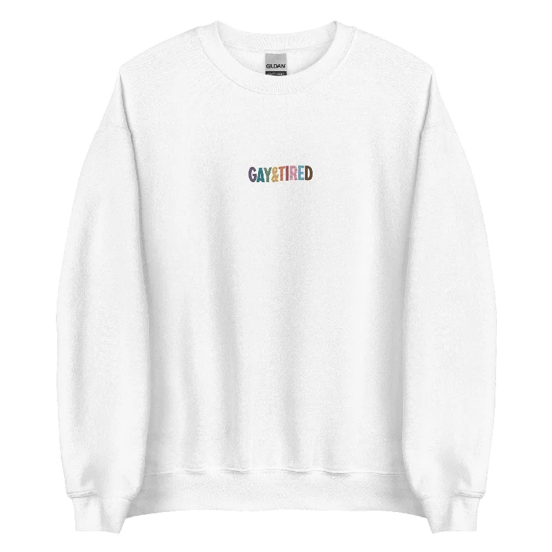 Warm sweatshirts for winter pride celebrations--Gay & Tired Rainbow Embroidered Unisex Sweatshirt Warm sweatshirts for winter pride celebrations--Gay & Tired Rainbow Embroidered Unisex Sweatshirt