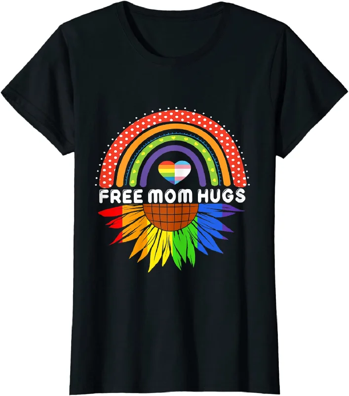 To Lesbian Mom T Shirt, Free Mom Hugs Rainbow Sunflower Gay Pride LGBT T Shirt