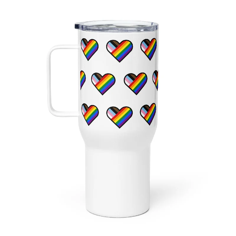 LGBTQ Pride Travel Mug with Handle - Progress Pride Daniel Quasar Hearts
