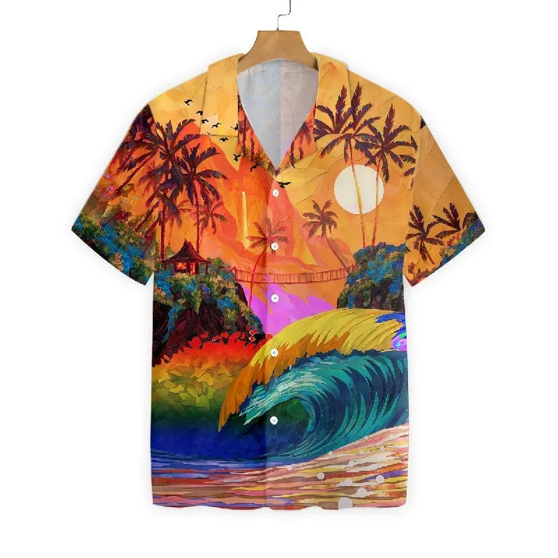 Lightweight graphic tees for spring pride marches--Hawaiian Pride, LGBT Sunset And Wave Sea Background Hawaiian Shirt Lightweight graphic tees for spring pride marches--Hawaiian Pride, LGBT Sunset And Wave Sea Background Hawaiian Shirt