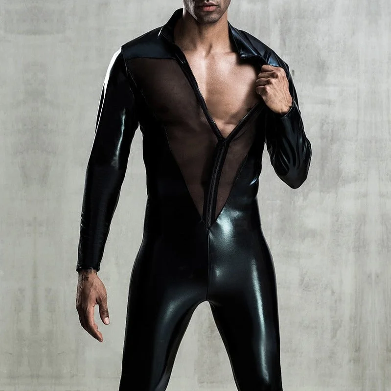 Faux Leather Mesh Bodysuit Clubwear
