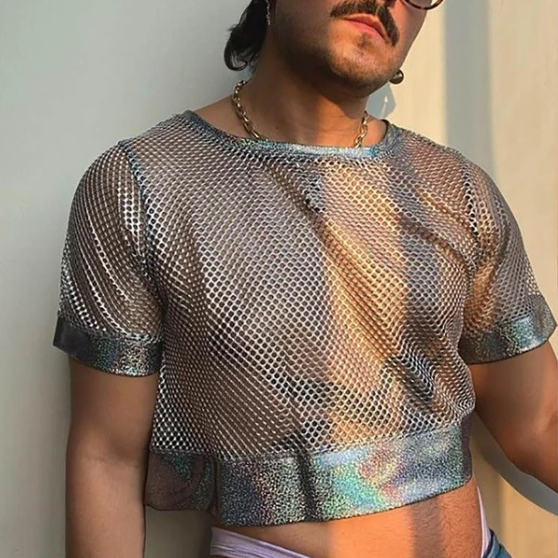 Men's Silver Mesh See Through Crop Top