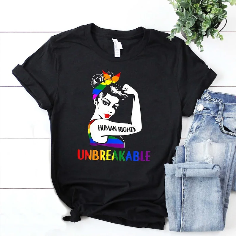 Graphic pride t-shirts with glitter rainbow accents--Lesbian Pride Shirt, Equality Shirt, Human Rights Unbreakable, LGBT Pride Month Gift, Gay Pride Shirt Graphic pride t-shirts with glitter rainbow accents--Lesbian Pride Shirt, Equality Shirt, Human Rights Unbreakable, LGBT Pride Month Gift, Gay Pride Shirt
