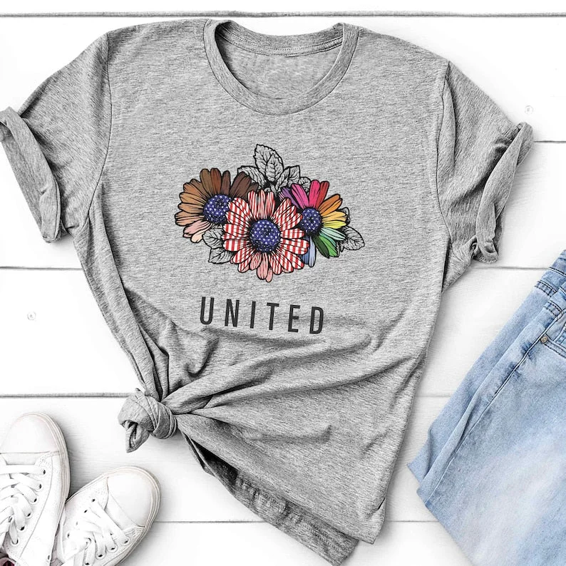 United Rainbow Pride Shirt Sunflowers Lesbian Shirt, USA Pride LGBTQ T Shirt