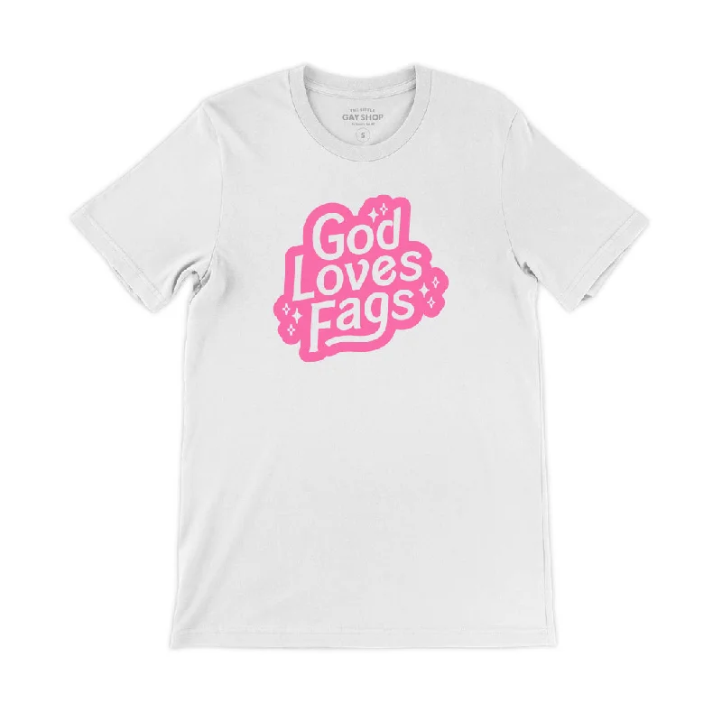 Affordable graphic tees with inclusive pronoun designs--God Loves Fags - Tee Shirt