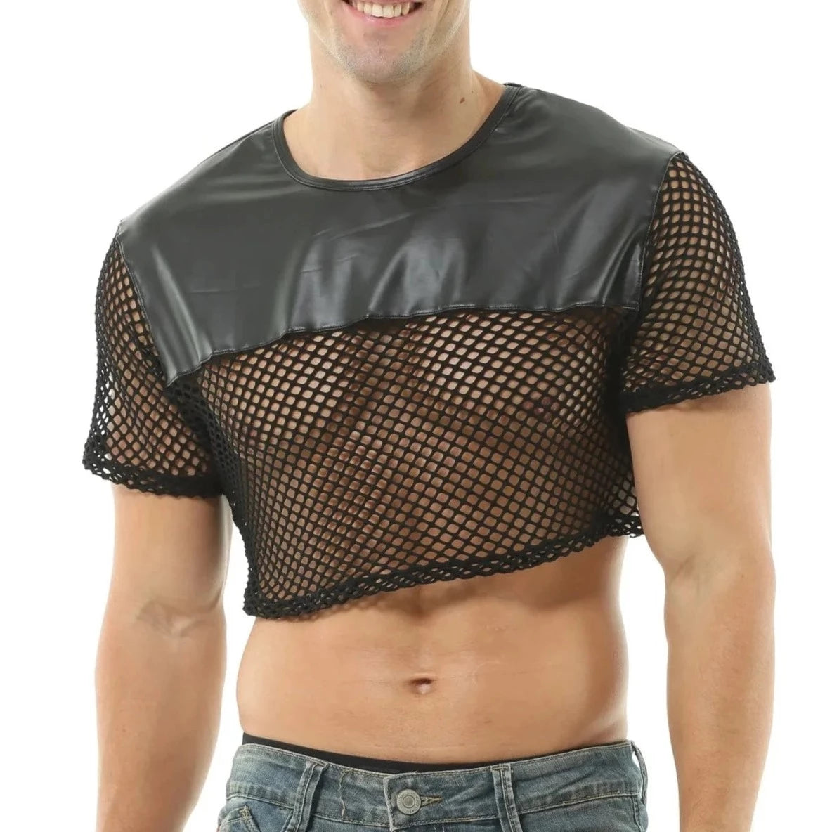 Men's Black PU Leather Fishnet Crop Top