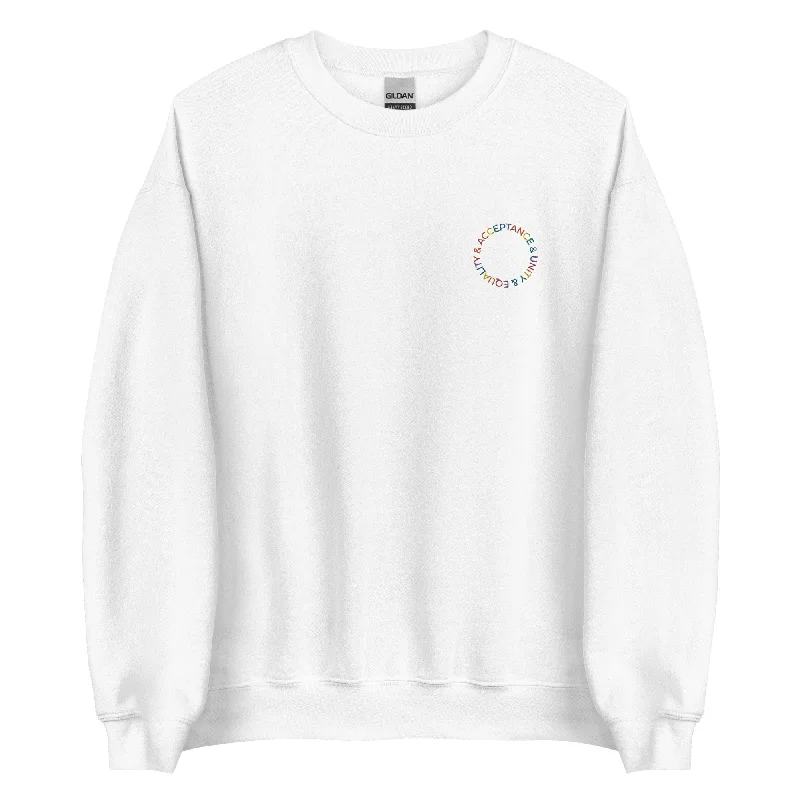 Affordable pride sweatshirts for youth groups--Acceptance & Unity & Equality Embroidered Unisex Sweatshirt Affordable pride sweatshirts for youth groups--Acceptance & Unity & Equality Embroidered Unisex Sweatshirt