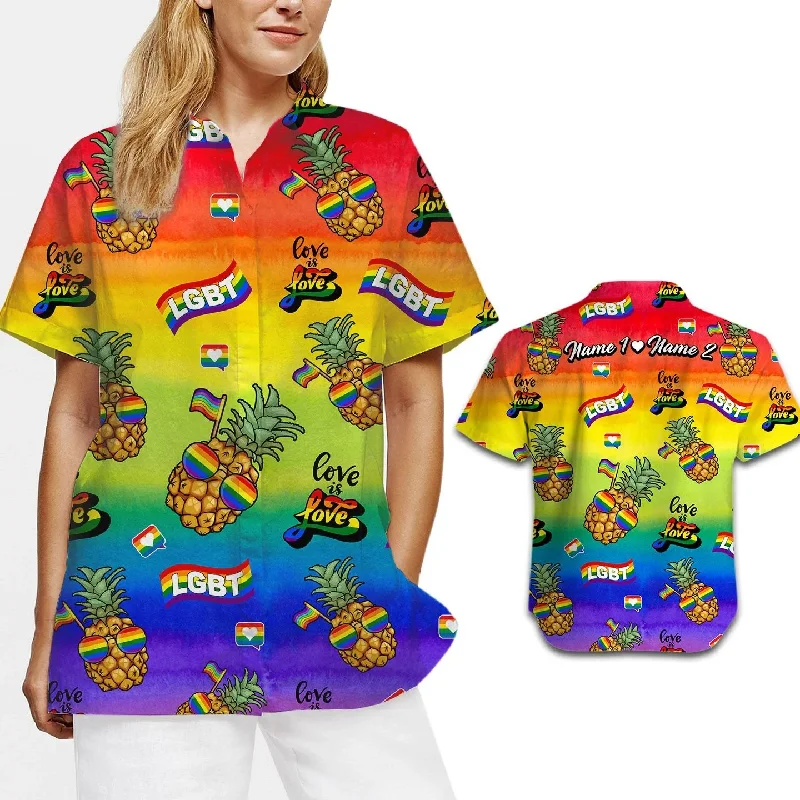 Comfortable graphic tees for pride weekend celebrations--Personalized Couple LGBT Name Love Is Love Lgbt Rainbow Pineapples Hawaiian Shirt For Pride Month Comfortable graphic tees for pride weekend celebrations--Personalized Couple LGBT Name Love Is Love Lgbt Rainbow Pineapples Hawaiian Shirt For Pride Month