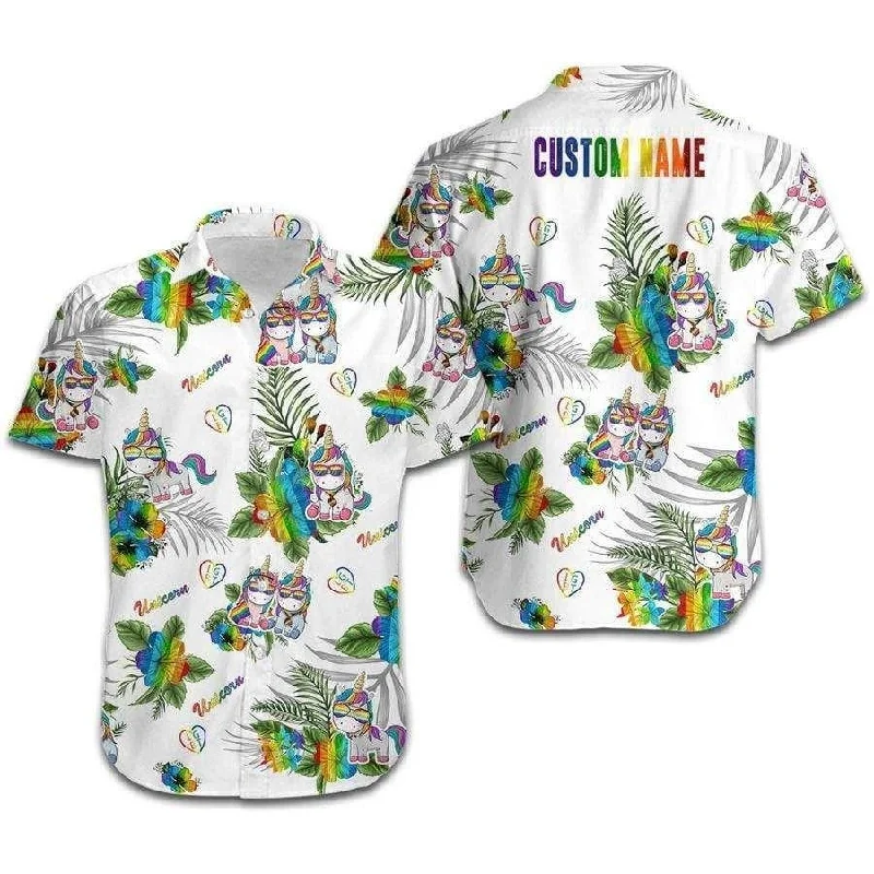 Comfortable graphic tees with tagless labels--Personalized LGBT Unicorn Hawaiian Shirt, Hibiscus Custom Name Hawaiian Shirt Comfortable graphic tees with tagless labels--Personalized LGBT Unicorn Hawaiian Shirt, Hibiscus Custom Name Hawaiian Shirt