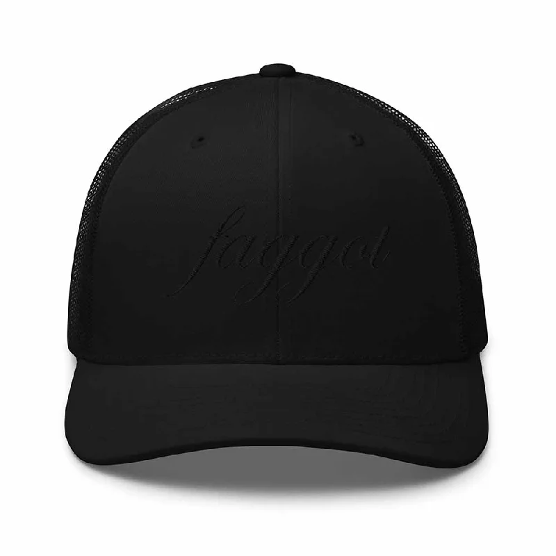 Black-on-black Faggot Script Mesh Trucker Snapback Hat