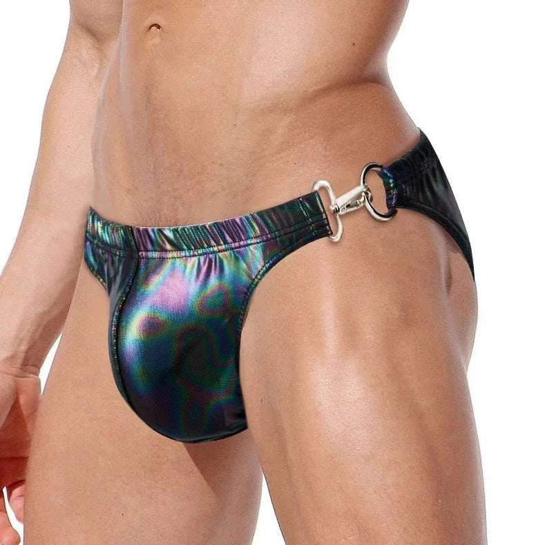 Men's Faux Leather Metal Clipper Swim Briefs