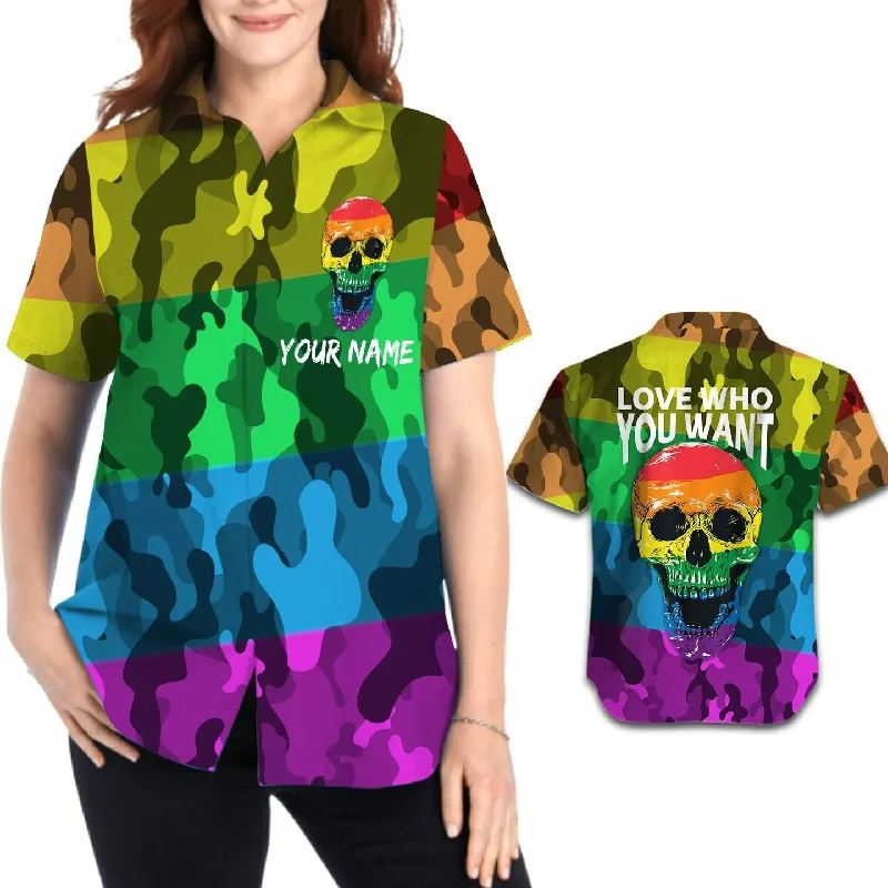 Lightweight graphic tees for spring pride marches--Personalized Lesbian Hawaiian Shirt With Name, Pride Month, Lgbt Rainbow Skull Lightweight graphic tees for spring pride marches--Personalized Lesbian Hawaiian Shirt With Name, Pride Month, Lgbt Rainbow Skull