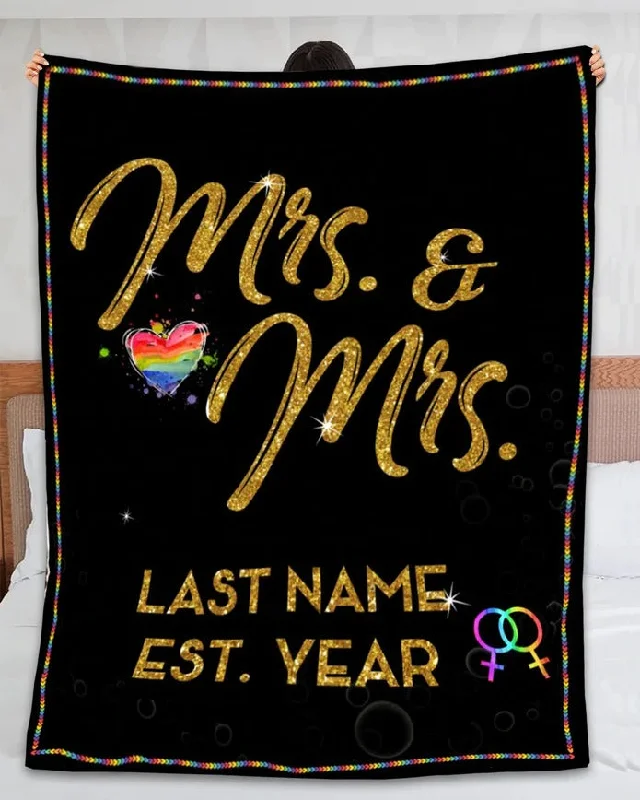 Personalized Valentines Day Blanket For Lgbt Couple Mrs & Mrs Rainbow Heart Black Background Custom Names & Year Personalized Valentines Day Blanket For Lgbt Couple Mrs & Mrs Rainbow Heart Black Background Custom Names & Year