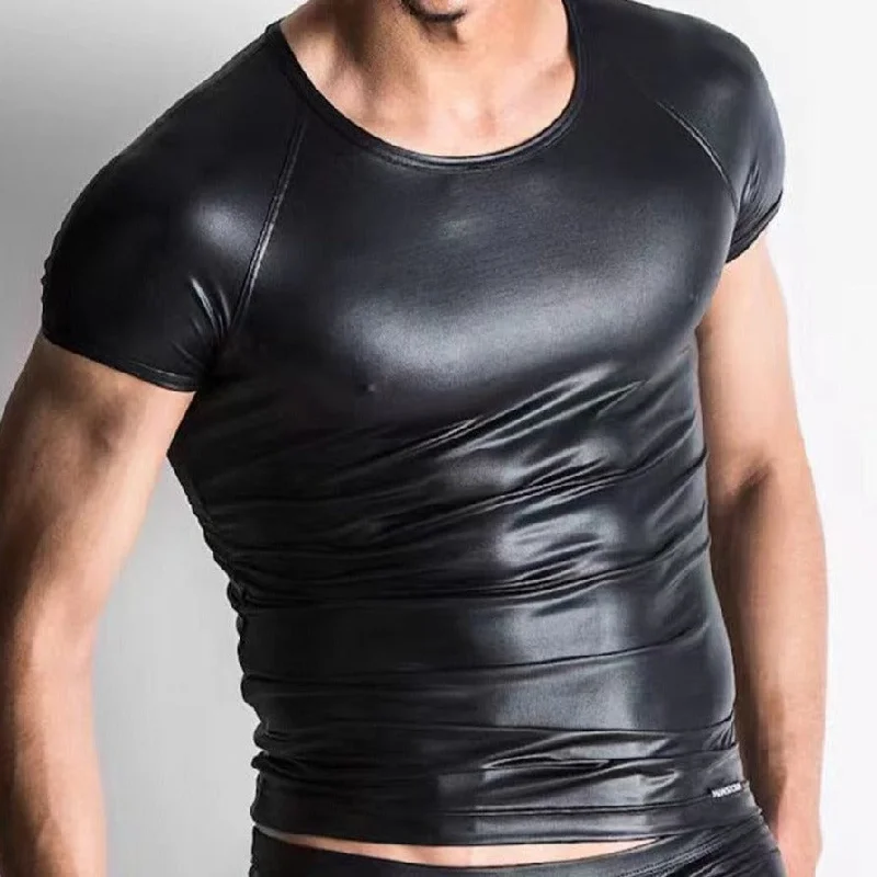 Men's Black Faux Leather T-Shirt