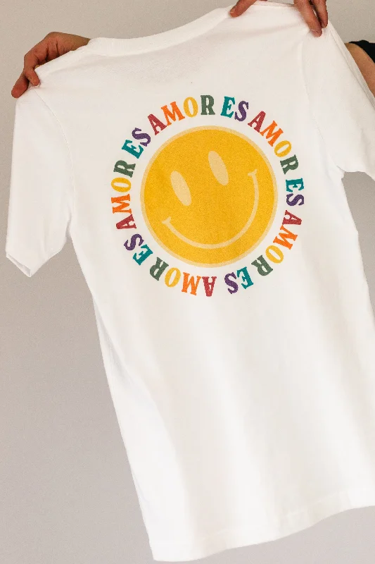 Graphic pride t-shirts with neon rainbow gradients--Amor es Amor Smiley Face Unisex T-Shirt Graphic pride t-shirts with neon rainbow gradients--Amor es Amor Smiley Face Unisex T-Shirt