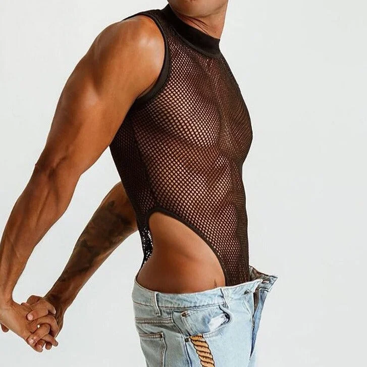 Gay Men's Black Mesh Bodysuit