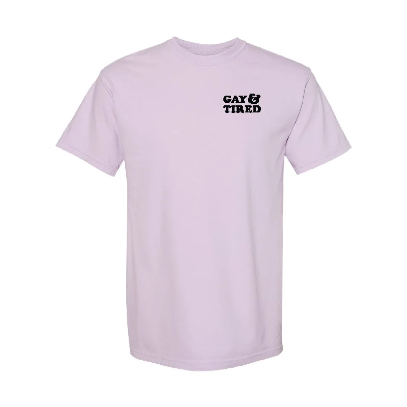 Graphic pride t-shirts with glitter rainbow accents--Gay & Tired - Lilac Tee Shirt
