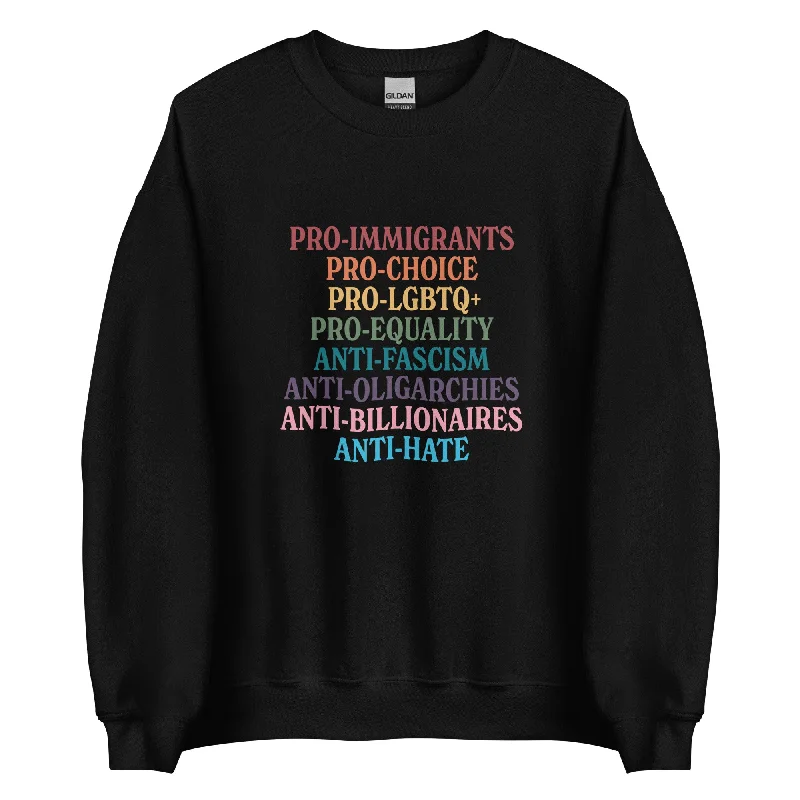 Hoodies with rainbow peace and love designs--Pro-Immigrants. Pro-Choice. Pro-LGBTQ. Pro-Equality. Anti-Fascism. Anti-Oligarchies. Anti-Billionaires. Anti-Hate. Unisex Sweatshirt Hoodies with rainbow peace and love designs--Pro-Immigrants. Pro-Choice. Pro-LGBTQ. Pro-Equality. Anti-Fascism. Anti-Oligarchies. Anti-Billionaires. Anti-Hate. Unisex Sweatshirt
