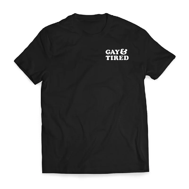 Graphic pride t-shirts with vintage rainbow typography--Gay & Tired - Black Tee Shirt Graphic pride t-shirts with vintage rainbow typography--Gay & Tired - Black Tee Shirt