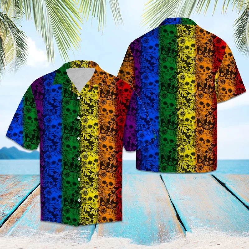 Graphic pride tees with neon pride flag colors--Tropical Plants And Skull Lgbt Color Striped Pattern Hawaiian Shirt, Gay Pride 3D Shirt Graphic pride tees with neon pride flag colors--Tropical Plants And Skull Lgbt Color Striped Pattern Hawaiian Shirt, Gay Pride 3D Shirt