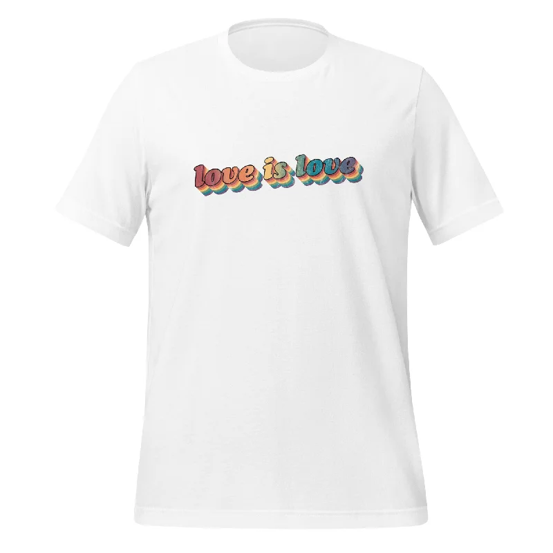 Graphic pride t-shirts with rainbow heart and peace signs--Retro Love is Love Unisex T-Shirt Graphic pride t-shirts with rainbow heart and peace signs--Retro Love is Love Unisex T-Shirt