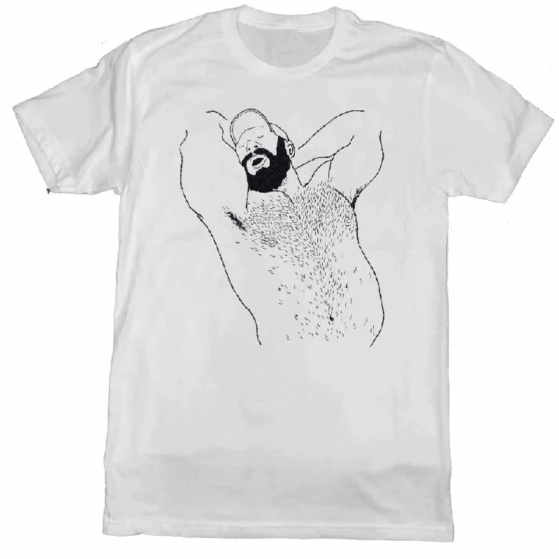 Kinky Needles Arms Up Bearded Bear Black Print White T-Shirt