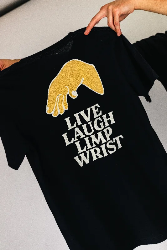 Graphic pride t-shirts with embroidered rainbow hearts--Live Laugh Limp Wrist Unisex T-Shirt