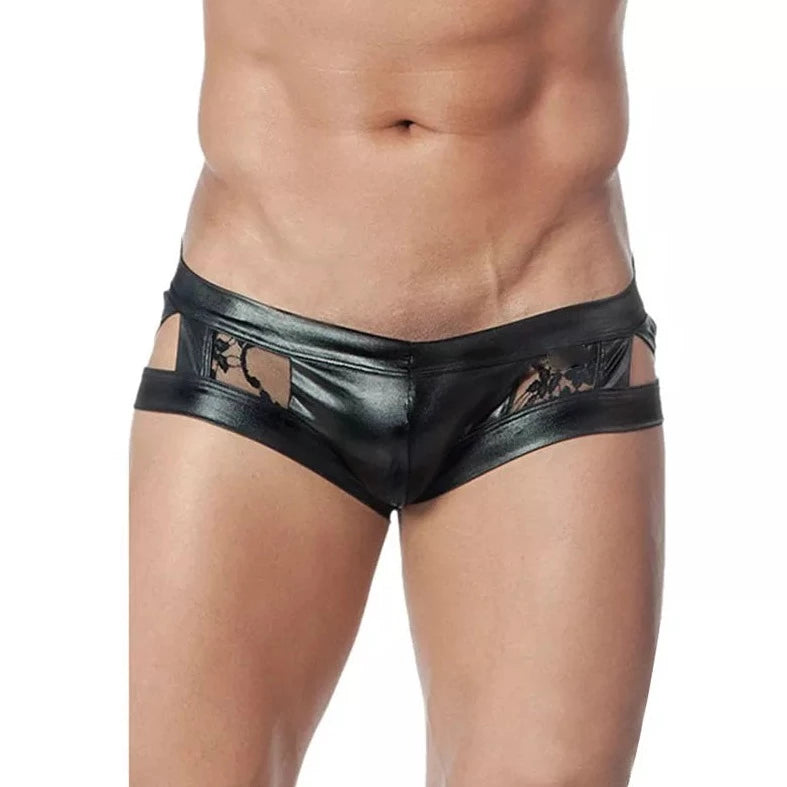 Gay Men's Faux Leather Floral Sheer Briefs