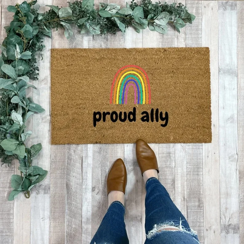 Proud Ally Doormat, Gay Pride Decor Mat, Pride Door Mat, Queer Doormat, All Are Welcome Here, Outdoor Doormat Proud Ally Doormat, Gay Pride Decor Mat, Pride Door Mat, Queer Doormat, All Are Welcome Here, Outdoor Doormat