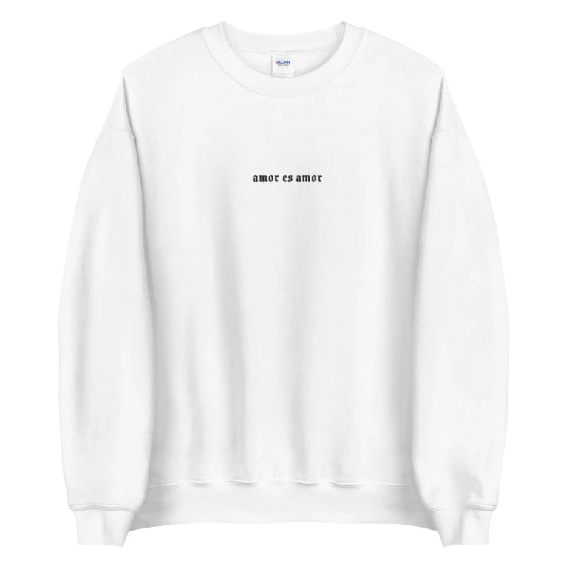 Hoodies with empowering queer pride quotes--Amor es Amor Embroidered Sweatshirt