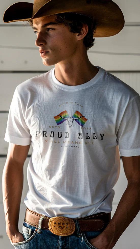 Graphic pride t-shirts with rainbow peace symbols--Proud Ally Longhorn T-Shirt