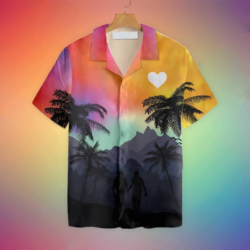 Soft breathable graphic tees for outdoor pride festivals--Gay Pride 3D Hawaiian Shirt, Cool LGBT Sunset With Heart Hawaiian Shirt Soft breathable graphic tees for outdoor pride festivals--Gay Pride 3D Hawaiian Shirt, Cool LGBT Sunset With Heart Hawaiian Shirt