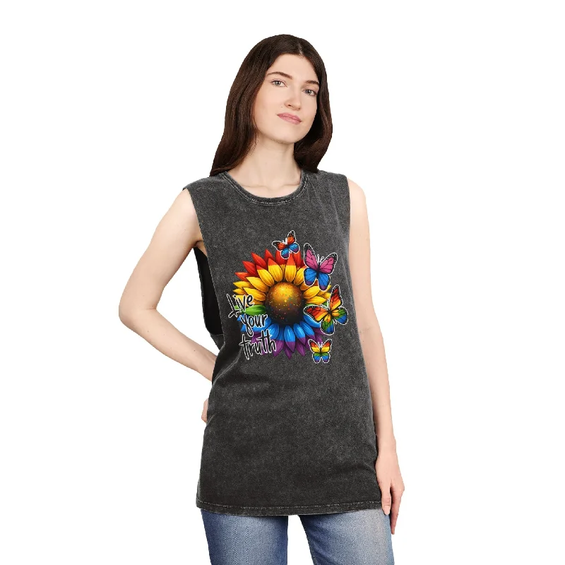 Graphic pride t-shirts with inclusive pronoun messages--Live Your Truth Tank Top