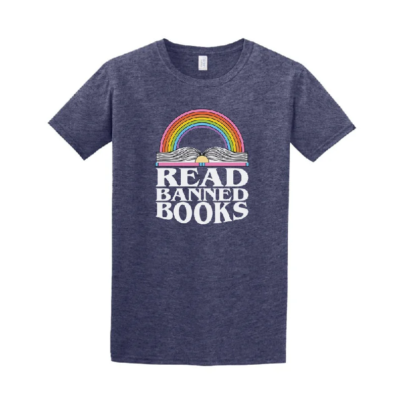 Graphic pride tees with neon pride flag colors--Read Banned Books - Tee Shirt