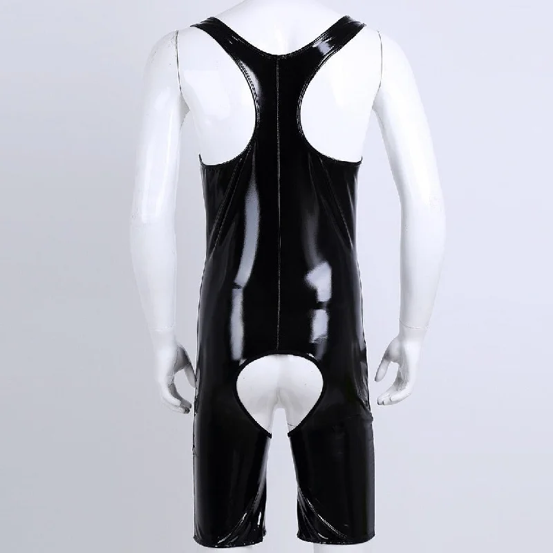 Men's Crotchless Patent Leather Bodysuit