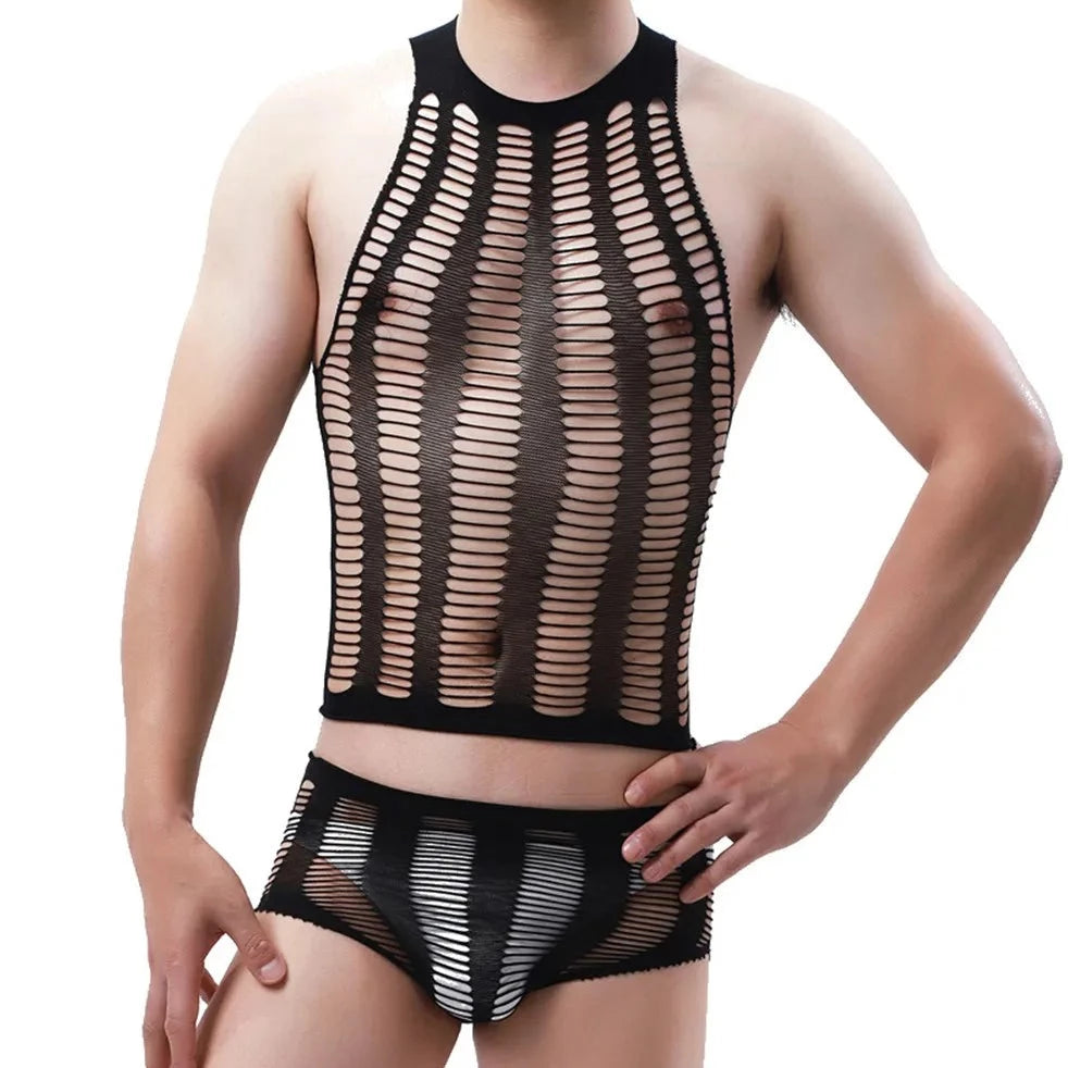 Men's Sexy Fishnet Lounge Bodysuit Set