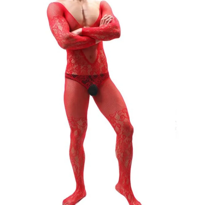 Men's Red Lace and Fishnet Bodysuit