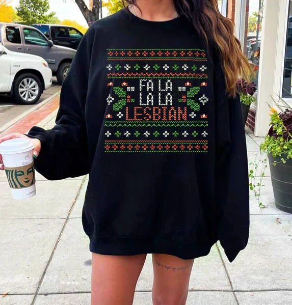 Hoodies with colorful pride flag hearts--Fa La La La Lesbian Sweatshirt