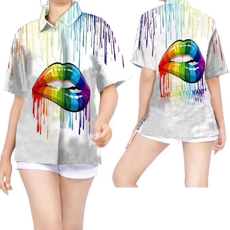 Graphic pride t-shirts with rainbow peace and love designs--Women Hawaiian Shirt For Lgbt Community In Summer, Love Who You Want Rainbow Lips Watercolor Graphic pride t-shirts with rainbow peace and love designs--Women Hawaiian Shirt For Lgbt Community In Summer, Love Who You Want Rainbow Lips Watercolor