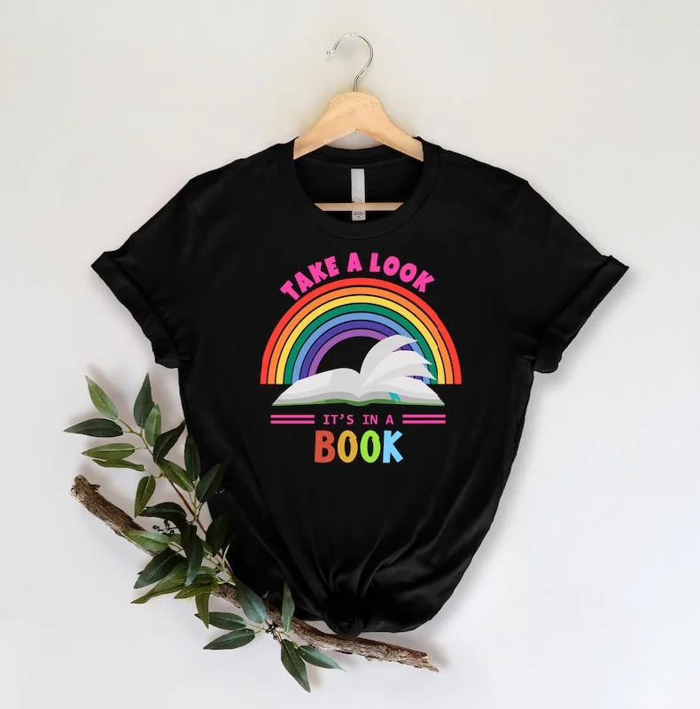 Graphic pride t-shirts with artistic pride flag patterns--Take A Look It's In A Book Shirt, Rainbow Book Shirt, LGBTQ Book Shirt, Book Shirt, Gift For LGBT Graphic pride t-shirts with artistic pride flag patterns--Take A Look It's In A Book Shirt, Rainbow Book Shirt, LGBTQ Book Shirt, Book Shirt, Gift For LGBT