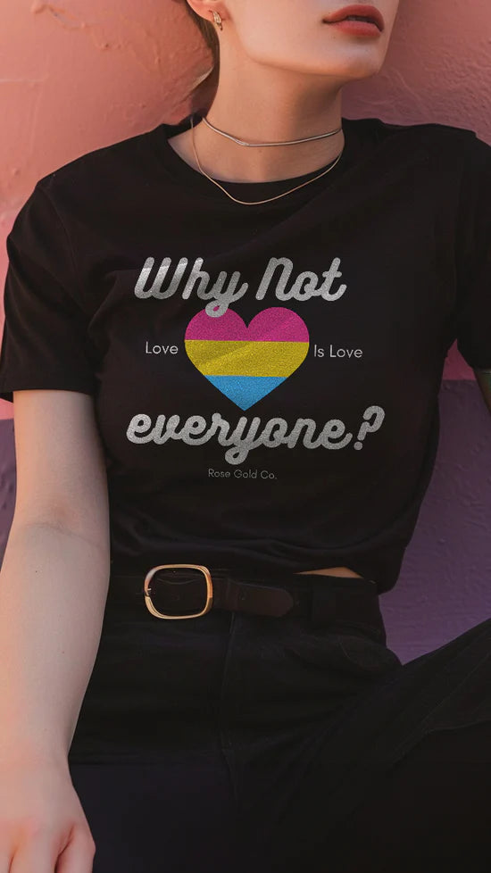 Graphic pride t-shirts with hand-drawn rainbow hearts--Why Not Everyone Pansexual Pride T-Shirt Graphic pride t-shirts with hand-drawn rainbow hearts--Why Not Everyone Pansexual Pride T-Shirt