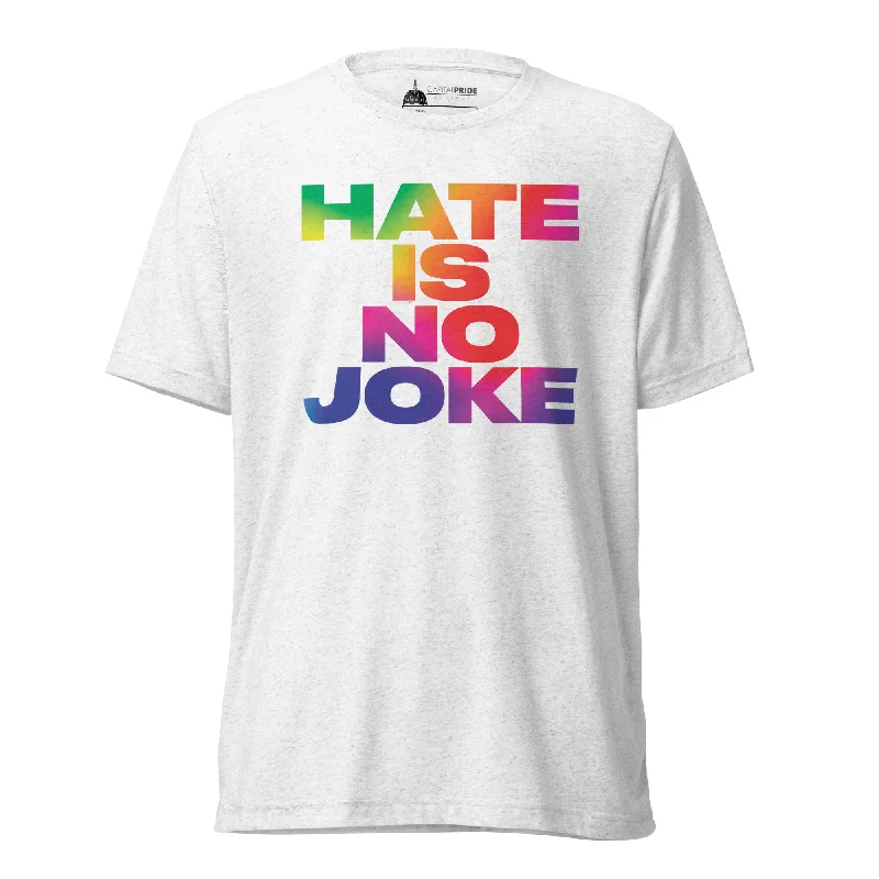 Graphic pride t-shirts with subtle allyship messages--HATE IS NO JOKE