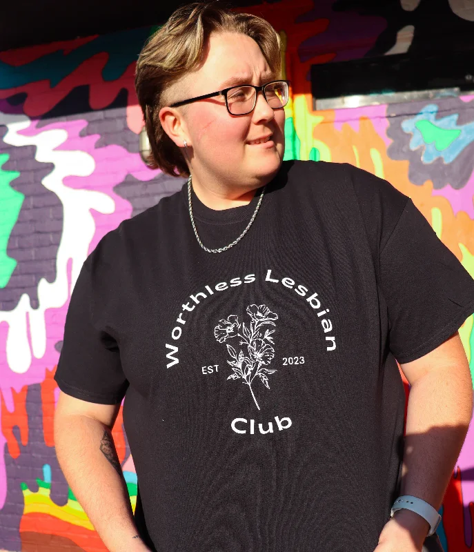 Graphic pride t-shirts with vintage rainbow typography--Worthless Lesbian Club T-Shirt Graphic pride t-shirts with vintage rainbow typography--Worthless Lesbian Club T-Shirt